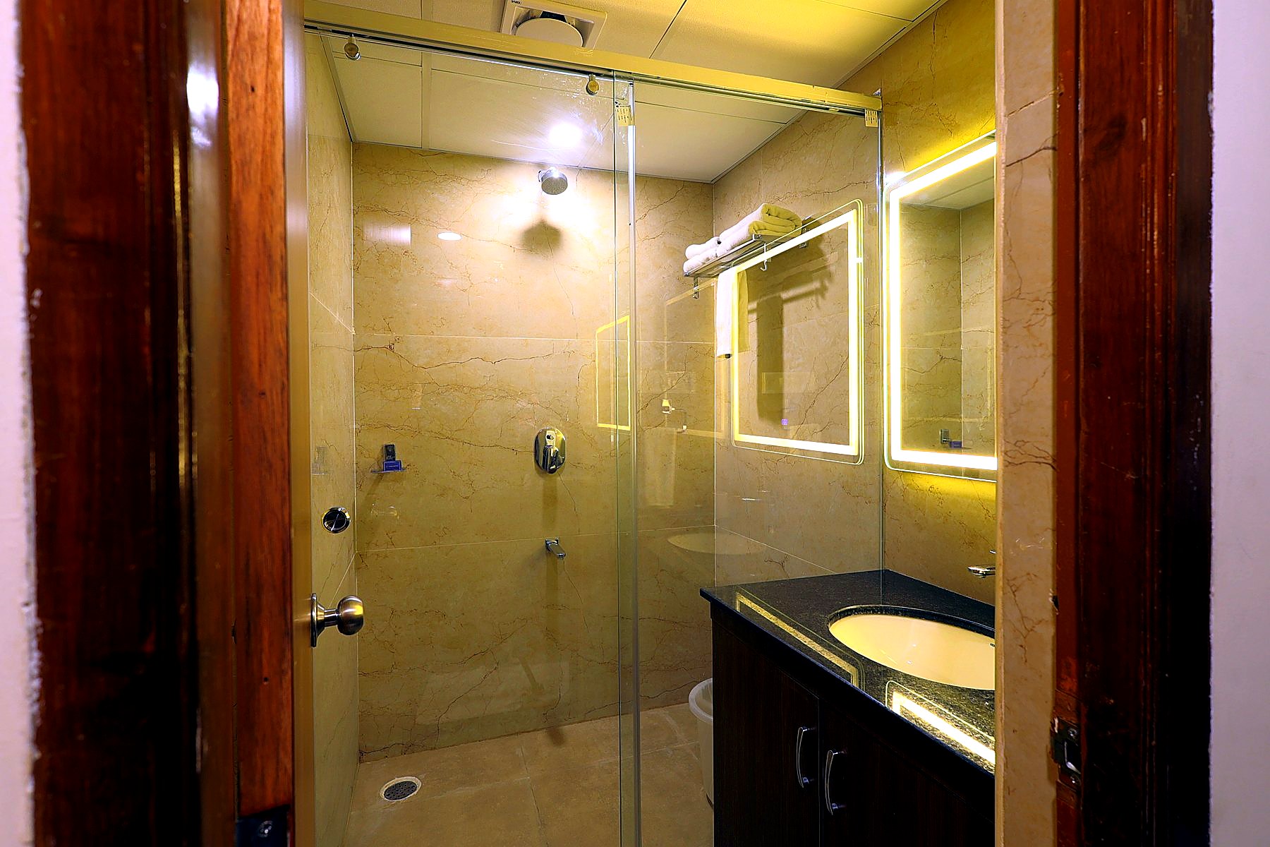 Glass-partitioned shower with rain head