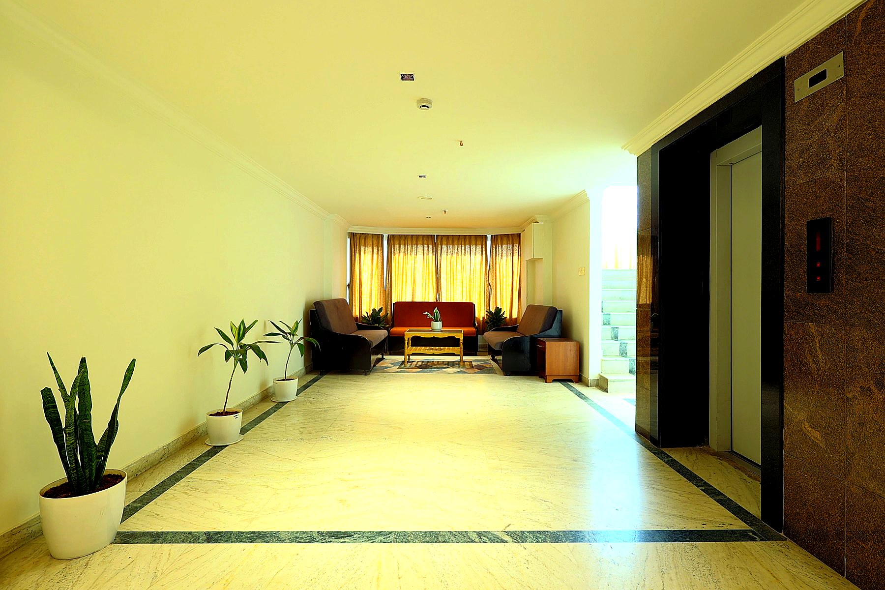 Guest lounge seating with planters and natural light