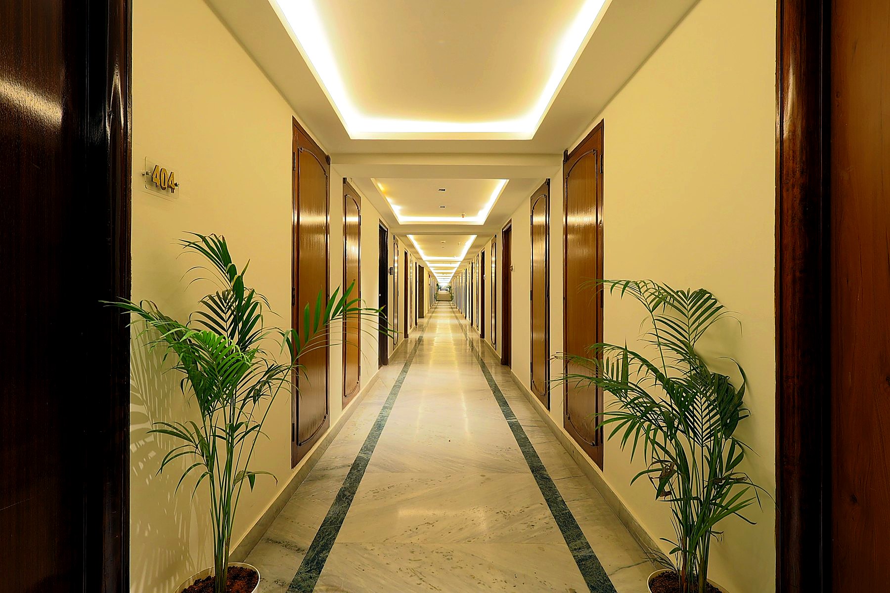 Long corridor with potted greenery and ambient lighting