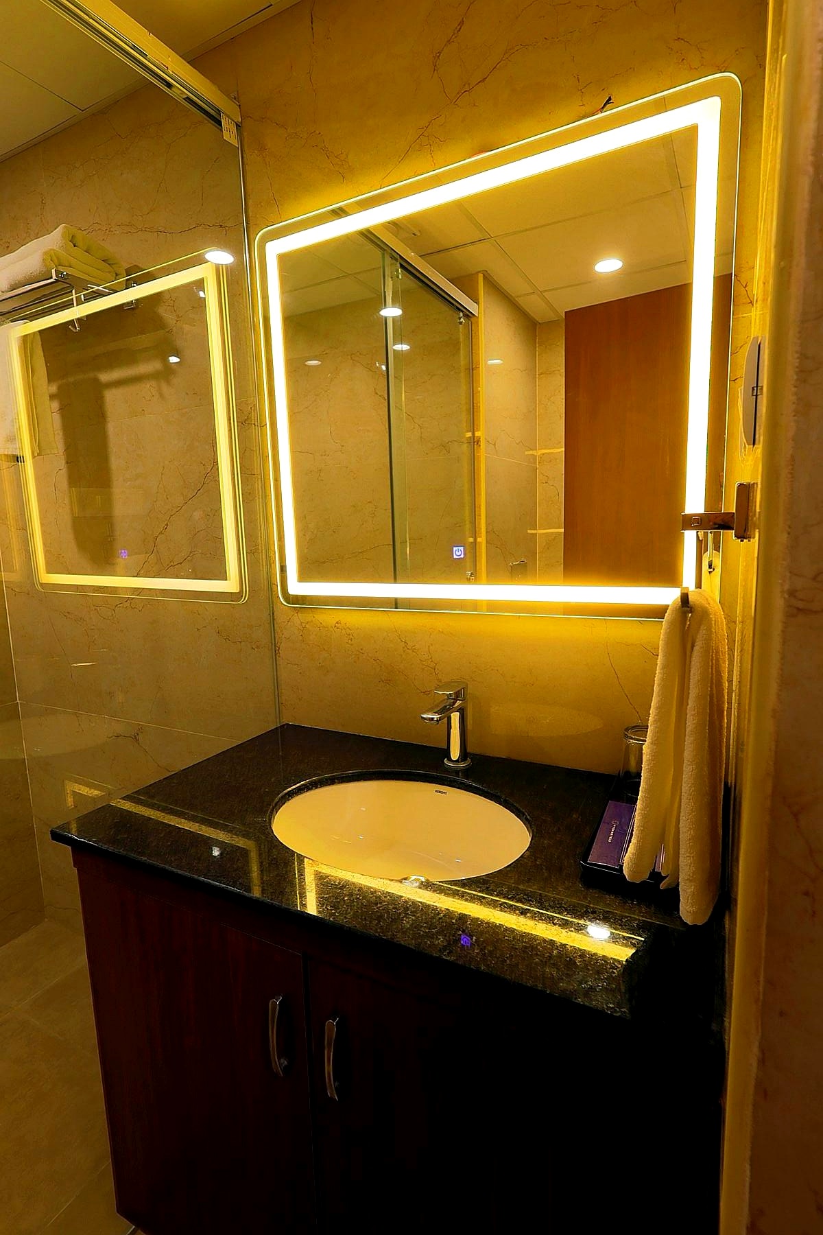 Marble-clad bathroom with frosted glass door