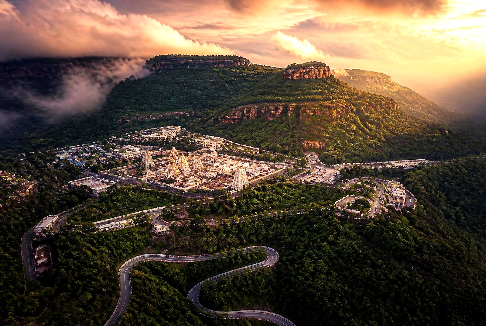 Aerial view of Tirumala temple complex nestled in the Seshachalam hills